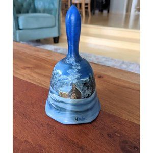 Hand Painted Ceramic Bell Snowy Winter Scene Cabin Trees Forest Blue Tones